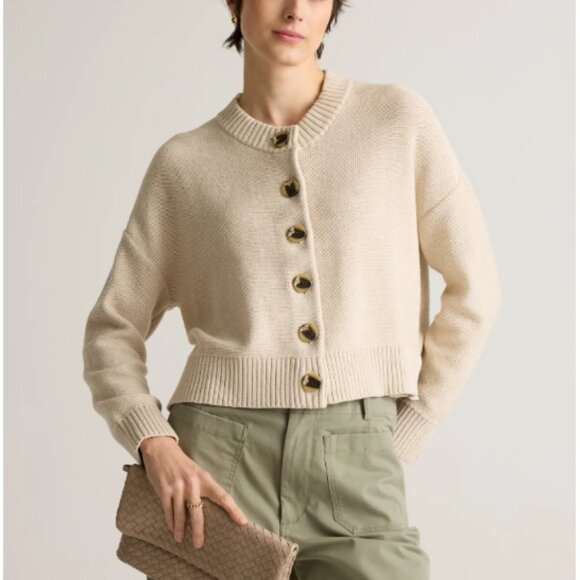 🍂 NWT Quince 100% Organic Cotton Button Front Cardigan – Speckled Beige, Size M - Picture 2 of 11
